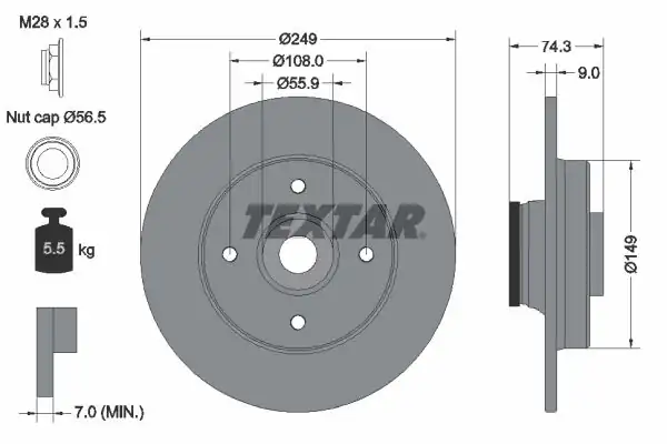 TEXTAR 92194103 | Fren Diski Peugeot 308 Citroen C4 Ds4 249mm Rulmanlı Arka 2 Adet