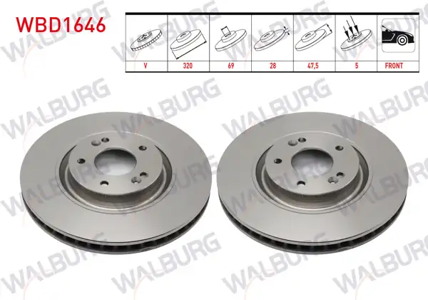 WALBURG WBD1646 | Fren Diski Ön Havalı 5 Bjn 320X28x69x47,5 Hyundai Tucson 2015-/ Ix 35 2014-/ Kona 2017-/ Kia Sportage IV 2015-| 2 Adet