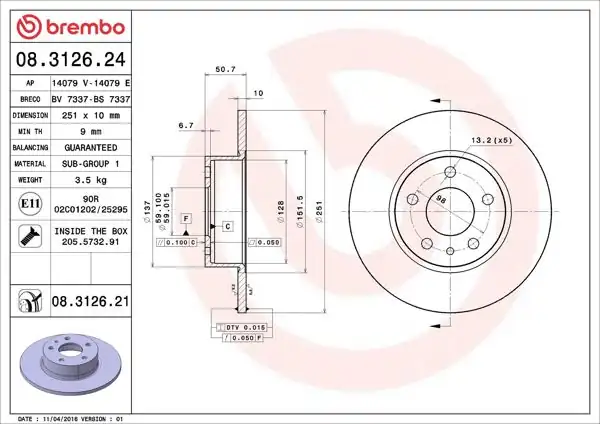 BREMBO 08312624 *2 | Arka Fren Aynası Alfa 147 / 156 / 164 1.6 16V 01 / 01 > 1.9 JTD 06 / 03 / 2.0 16V | 2 Adet