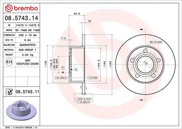 BREMBO 08-5743-11 | Arka Fren Diski 245 10 5 112 VW Passat 97 05 Audi A6 95 05 Skoda Superb 02 08 2 Adet