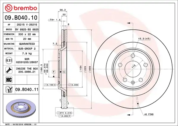 BREMBO 09-B040-11 | Fren Diski Tek Disk Arka Vag A4 A5 Q5 08 18