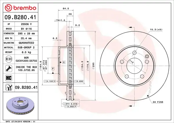 BREMBO 09-B280-41 | Fren Diski Tek Disk Ön M Benz 172 204 207 212 07 17