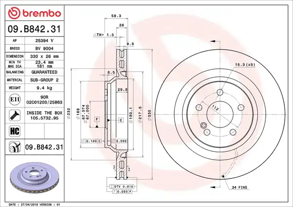 BREMBO 09-B842-31 | Fren Diski Arka UV Coated Mercedes Benz 2 Adet