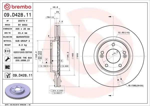 BREMBO 09.D428.11 | Fren Diski Ön Havalı Hyundai Tucson 2015-/ Kona 2018-/ i30 2015-/ Kia Sportage 2015-/ 305×5 | 2 Adet