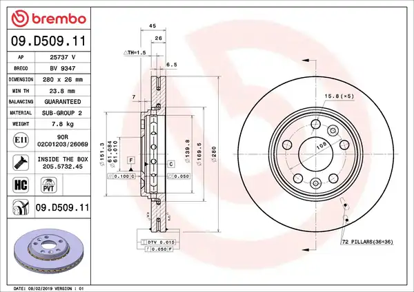 BREMBO 09-D509-11 | Fren Diski Ön UV Coated Mercedes Benz Kangoo III Cıtan 1 5 1 6 5 Bijon