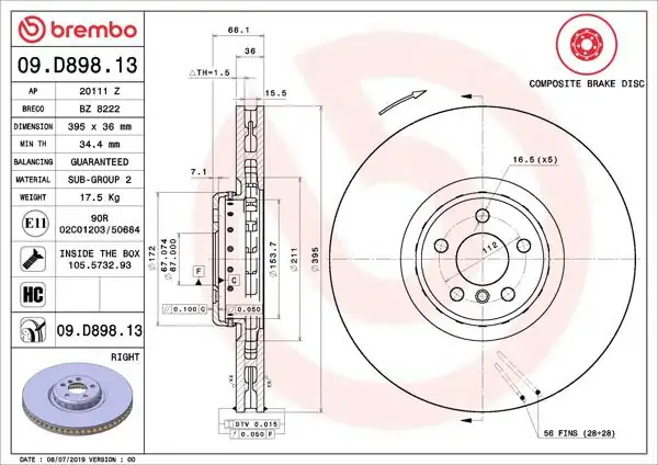 BREMBO 09.D898.13 | Fren Diski Ön Sağ BMW 7 (G12) ,8 (G14) ,8 (G15) ,8 (G16) ,X4 (G02) ,X5 (G05) ,X6 (G06) ,X7 (G07)