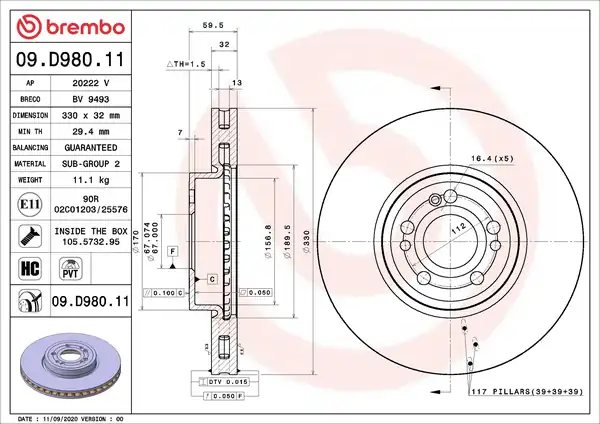 BREMBO 09-D980-11 | Fren Diski Ön Mercedes Gle V167 Gle 300 D 4 Matic 167 119 2 Adet