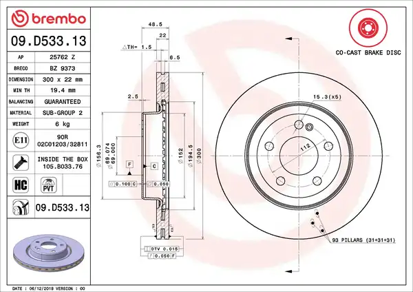 BREMBO 09-D533-13 | Fren Diski Tek Disk Arka M Benz 205 213 238 253 257 14 24