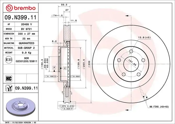 BREMBO 09N39911 | Ön Fren Disk Ayna Kuga III 19 Dış 330mm 1 Adet