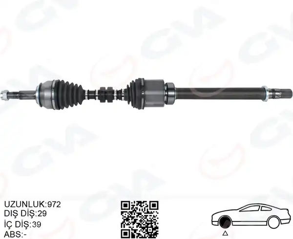 GVA 4499908 | Komple Aks Sağ Nissan Qashqai 1 6l R9m dCi Manuel Vites J11 14 29x39 Komple Boy 972mm