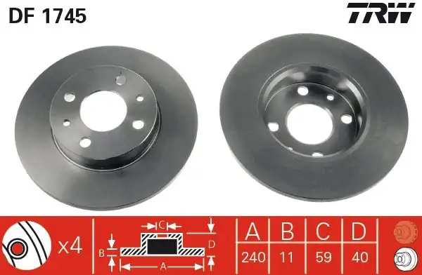 TRW DF98012S | Ön Fren Diski Fiat 500 500c 07 Tipo Punto Tempra Panda Marea Bravo 96 Alfa Romeo 145 146 155 92 Ford Ka 08 12 240 5x11 4delik