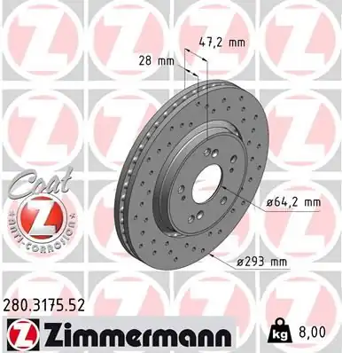 Zimmermann 280 3175 52 Honda CRV 07 15 Performans Delikli Ön Fren Diski Kaplamalı 2935 2 Adet
