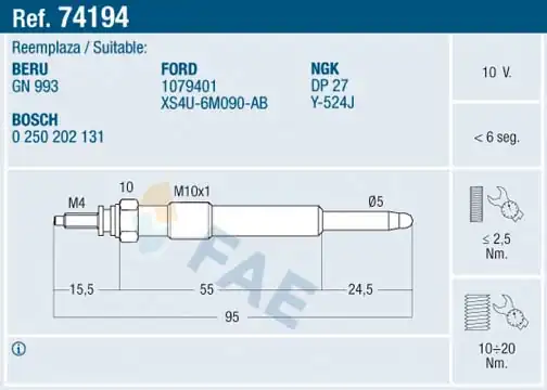 FAE 74194 | Kızdırma Bujisi Fiesta IV Focus Focus II Connect C-Max S-Max Galaxy Mondeo 1 8 TDCI 1 8 D