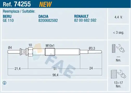 FAE 74255 | Kızdırma Bujisi Renault Megane III
