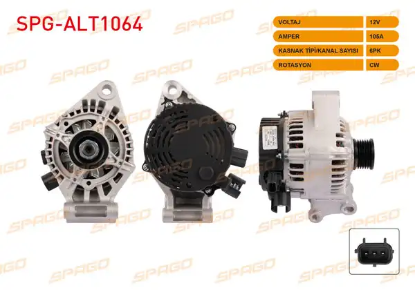 SPAGO SPG-ALT1064 | Alternatör 12V 105A 6Pk (Alt478) Focus I II-Fiesta 01-08-Fusion 02-12-C-Max 03-10 (Benzinli Araclar İçin)