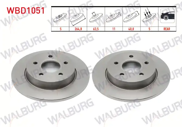 WALBURG WBD1051 | Fren Diski Arka Düz 5 Bjn 264,8X11x63,5X40,8 Ford Focus | 2 Adet