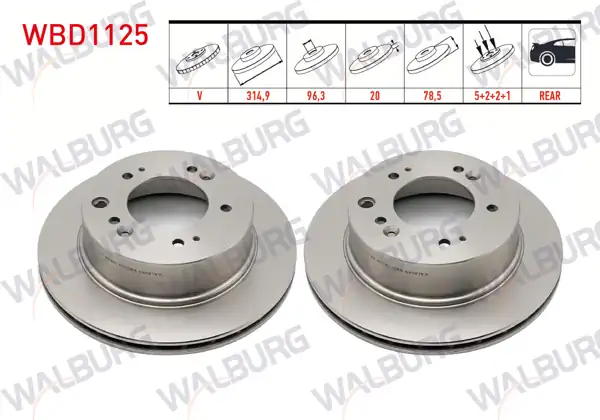 WALBURG WBD1125 | Fren Diski Arka Havalı 5 Bjn 315X20x96,2X78,5 Kia Sorento I (Jc) 2.5 CRDI 2002-2009 / Sorento I (Jc) 2.5 CRDI 2002-2009 | 2 Adet