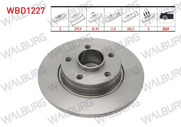 WALBURG WBD1227 | Fren Diski Arka Düz 5 Bjn 280x12x67 92x102 2 Porya Rulmanlı 2 Adet