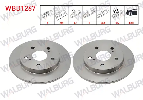 WALBURG WBD1267 | Fren Diski Arka Düz 5 Bjn 259x9x62x30 5 Toyota Corolla 2 Adet