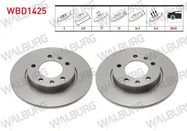 WALBURG WBD1425 | Fren Diski Arka Düz Peugeot 308 II 1.6 HDI-1.6 Thp-1.6 Gtı 5 Bjn 249X10x71x34,9 2014-| 2 Adet