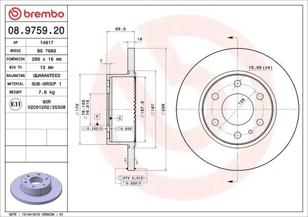 BREMBO 08-9759-20 | Fren Diski Arka Düz 296 6 Iveco Daily III IV V VI 05 14 2 Adet 2533521