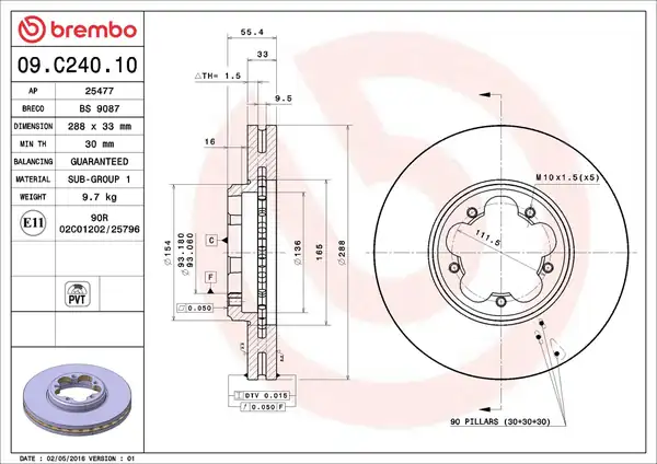 BREMBO 09-C240-10 | Ön Fren Diski 288mm Ford Transit Custom V362 14 2 Adet