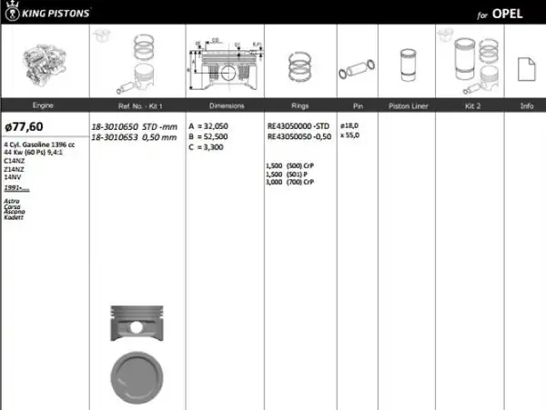 KİNG 183010650 | Piston 77 60 mm Std Opel Astra F Corsa A 1 4i 90 C14se C14nz X14nz X14sz Riken Segmanlı 4 Adet