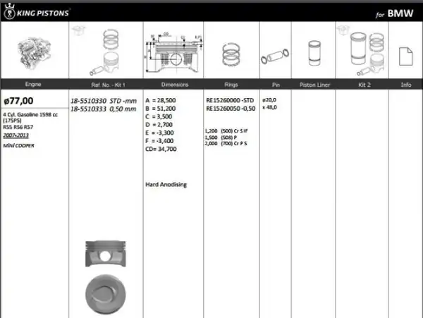 KİNG 18-5510330 | Piston Segman 77mm Mini N14 B16 R55 R56 R57 R58 Citro N C4 Peugeot 207 208 3008 508 5008 Rcz 4 Adet