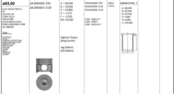 KİNG 182092653 | Piston 83 00 mm 0 50 Opel Insignia Zafira C 2 0 Dth A20dth A20dtj A20dtr 160hp 4 Adet