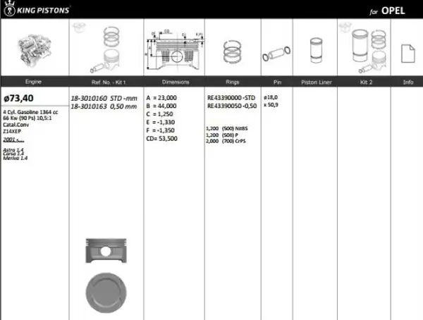 KİNG 183010160 | Piston 73 40 mm Std Opel Meriva Astra 1 4 16v 04 Z14xep Euro 4 Riken Segmanlı 4 Adet