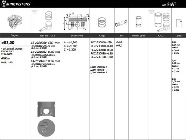 KİNG 18205096020 | Piston 82 00 mm Std Fiat Doblo Palio Punto Strada 1 9 D 99 188a3 223a6 0 20 Kısa 4 Adet