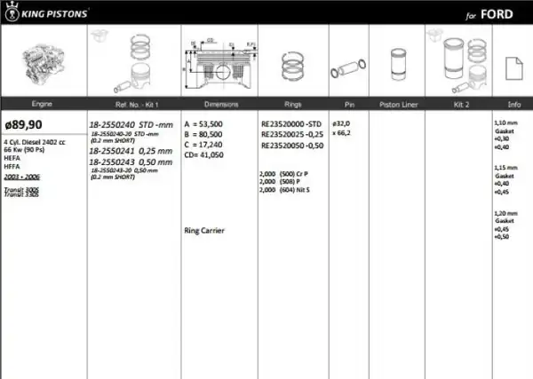 KİNG 182550240 | Piston 89.90 mm (Std) Ford Transit V184 2.4 D 03-06 (Rıken Segmanlı) | 4 Adet