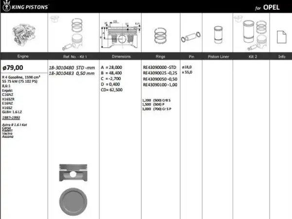 KİNG 183010480 | Piston 79 00 mm Std Opel Astra F Astra G Corsa A 1 6i 91 C16nz X16szr C16se Riken Segmanlı 4 Adet