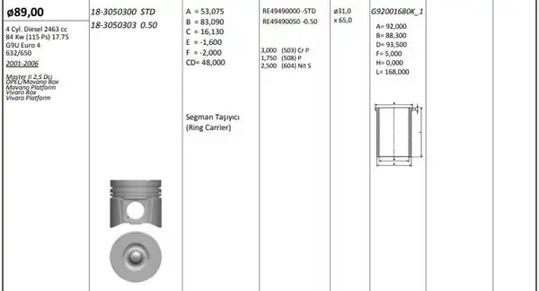 KİNG 18-3050300 | Motor Piston Segman Master 2 5 dCi Movano 2 5 CDTI G9u 145hp Euro4 89 00mm Std 4 Adet