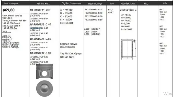 KİNG 18-3050232-20 | Piston 69 60 mm 0 40 Opel Corsa C D Combo 1 3 CDTI Fiat Doblo Albea Palio 1 3 JTD Multijet 4 Adet
