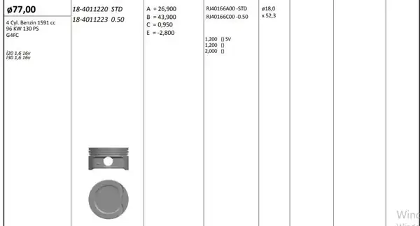 KİNG 184011220 | Piston 77 00 mm Std Hyundai İ20 İ30 1 6 16v G4fc Riken Segmanlı 4 Adet