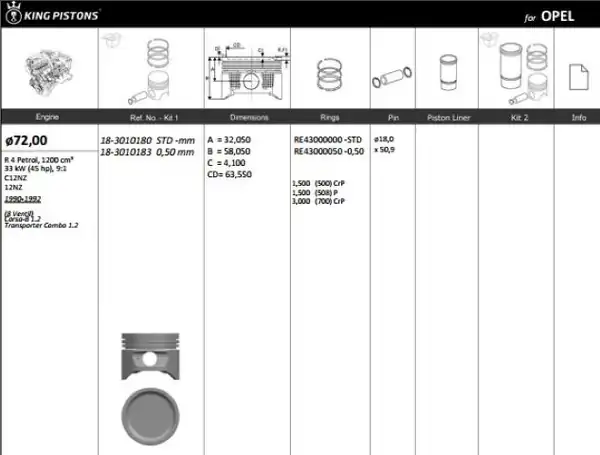 KİNG 183010180 | Piston 72 00 mm Std Opel Corsa A Combo 1 2 89 C12nz Riken Segmanlı 4 Adet