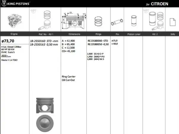 KİNG 182550160 | Piston 73 70 mm Std Peugeot P208 Bipper Ford Fiesta Citroen Nemo 1 4 Hdi 12 Dv4c Euro 5 4 Adet