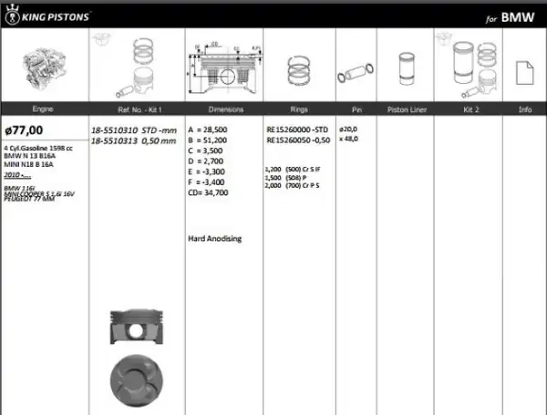 KİNG 185510310 | Piston 77 00 mm Std Bmw F20 F21 114i 116i 118i 120i F30 F80 316i 320i 10 Peugeot P206 P207 P208 1 6 Vti