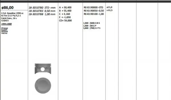 KİNG 183010780 | Piston 86 00 mm Std Opel Astra F G Vectra A B Omega B 2 0 16v 90 X20xev C20xe C20sel 4 Adet