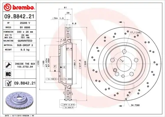 BREMBO 09B84221 | Fren Diski Arka Mercedes S Class W220 S 55 AMG 02 05
