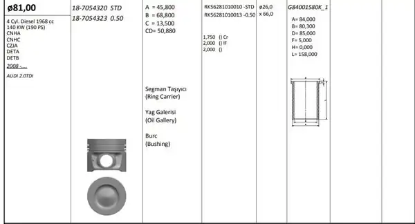 KİNG 18-7054320-4 | Piston Segman Std 81 01 mm A4 A5 A6 Q5 Superb Passat 13 2 0 TDI CNHA Cnhc Czja Deta Detb Ddaa Dfca 4 Adet