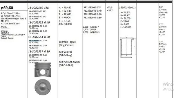 KİNG 18308255420 | Piston 69 60 mm 0 60 Astra H J Corsa D E 1 3 CDTI Punto Linea 1 3 Multijet 4 Adet