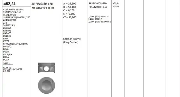 KİNG 187010330 | Piston 82 51 mm Std Volkswagen Golf VII 2 0 Gtı 13 Chh Cnc Cnt Cul Cvj Cwz 4 Adet