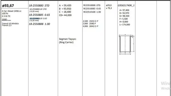 KİNG 18255088520 | Piston 93.67 mm 0.65 Ford Transit 2.5 TD (V5 Mınubus) (100 Ps) (Rıken Segmanlı) (0.20 Kısa) | 4 Adet