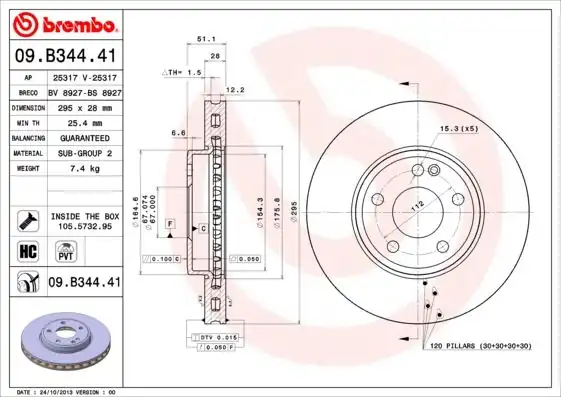 BREMBO 09.B344.41 | Fren Diski Ön (Mercedes A-Serisi (W176) 12-/ B-Serisi (W246) 11-/ Gla 200 13 -) Kaplamalı | 2 Adet Takım