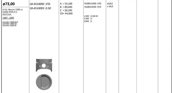 KİNG 184510090 | Motor Piston Ve Segmanı Riken 73 00 0 50 mm Cap Toyota C 4 Adet