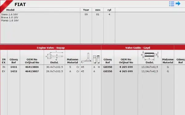 GÜNEŞ 1431-1432 | Subap Takımı Siena Bravo Marea Palio 1 6 16v Tork Motor IN 8 Ex 8
