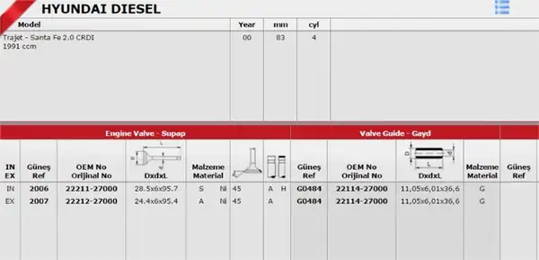 GÜNEŞ G0484 | Hyundai Accent Admıre Getz CRDI Tuscon Sportage CRDI Supap Gaydı