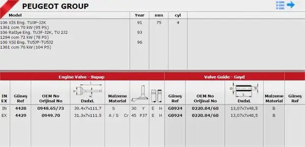 GÜNEŞ 4428-4429 | Subap Takım Peugeot 106 Xsı 306 Xt Cabrıolet 1 6 8v Tu5jp Tu5j2